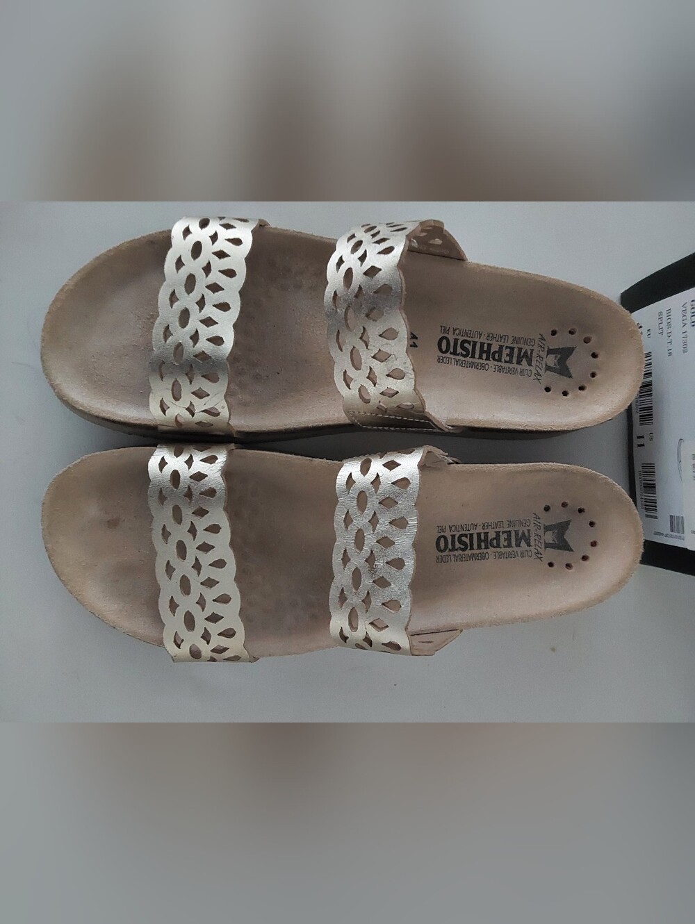 Mephisto Women's Gold Laser-Cut Double Strap Slide Sandals